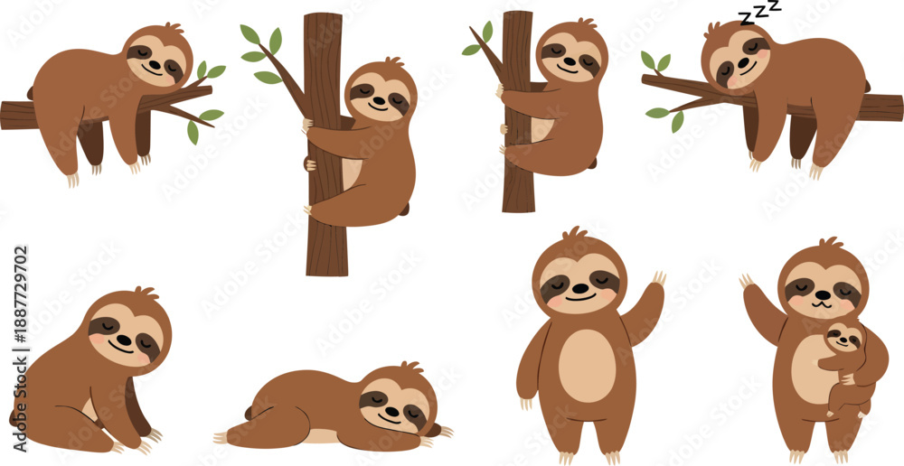 Fototapeta premium Cute Sloth Character Set Flat Vector Illustration Bundle for Kids Design