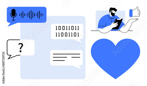 Artificial intelligence, digital communication, customer support, social media interaction, online feedback, chatbot design. Speech bubbles, binary code heart human with tablet. Digital