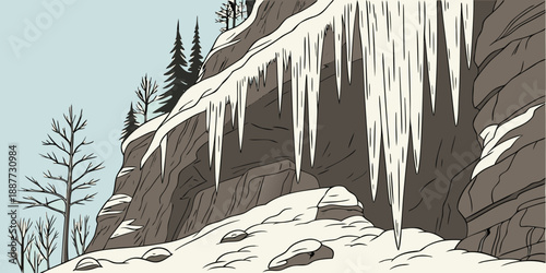 Winter mountain landscape with icicles
