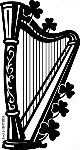 Irish harp and shamrock silhouette vector illustration
