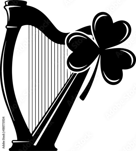 Irish harp and shamrock silhouette vector illustration