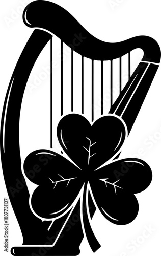 Irish harp and shamrock silhouette vector illustration