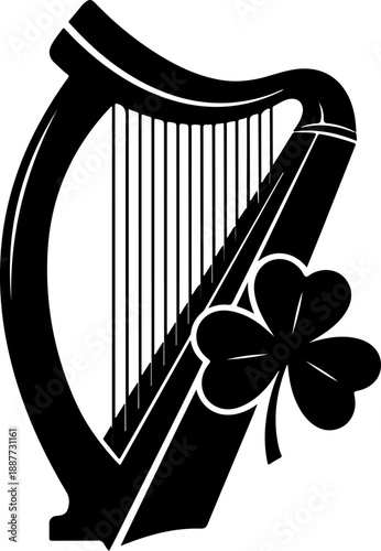 Irish harp and shamrock silhouette vector illustration