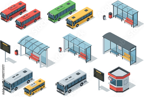 Variety of Isometric Buses, Bus Shelters and Booths Collection