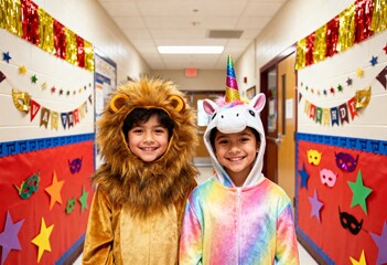 Two children in lion and unicorn costumes for Purim. Happy kids celebrating in a decorated school hallway. Jewish holiday costume party