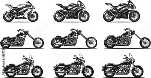 Set of motorcycle silhouettes in sport, chopper, and cruiser styles, detailed black and white vector illustration for transport design projects