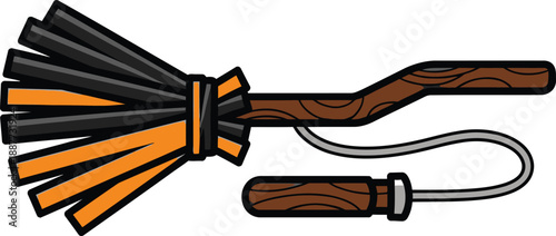 Halloween witch's broomstick with orange and black bristles and a wooden handle lying horizontally.