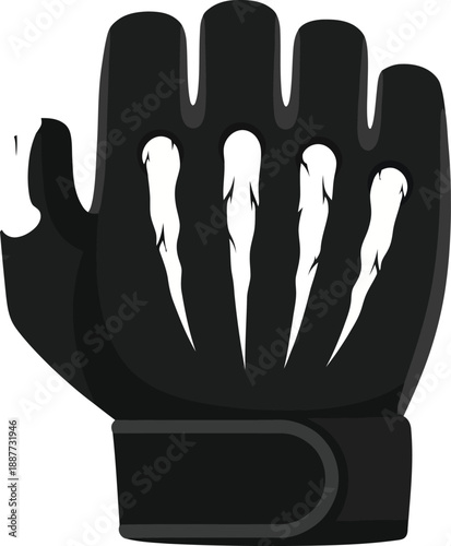 A black mixed martial arts glove features white claw marks across the finger openings, isolated on a white surface.