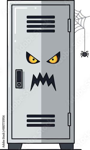 A tall, silver metal school locker displays a menacing monster face with glowing yellow eyes and sharp teeth in a spooky setting.
