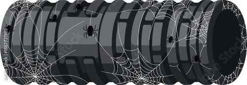 A dark, segmented industrial pipe is heavily decorated with intricate white spiderwebs and small black spiders, implying abandonment.