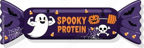A Halloween-themed candy wrapper mockup features a muscular ghost, pumpkin, and skull beside the words Spooky Protein on a purple background.