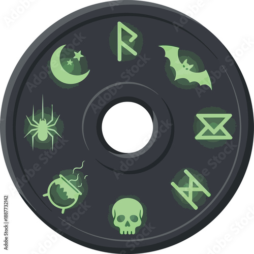 Dark circular weight plate is decorated with various glowing green symbols including a crescent moon, spider, bat, skull, and ancient runes.