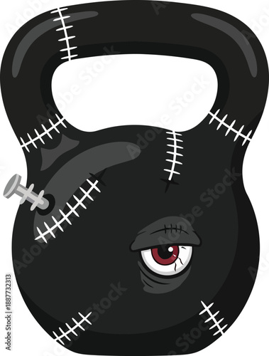 Black kettlebell weight resembles a stitched-up monster body with a single bloodshot eye and a protruding nail.