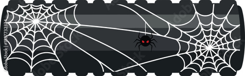 A black foam roller is covered with intricate white spiderwebs and features a small black spider with glowing red eyes hanging in the center.
