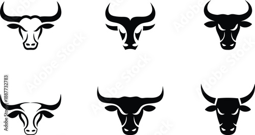 Collection of Six Stylized Black Bull Heads and Cow Heads Vector Graphics with Different Horn Shapes Isolated on Transparent Background