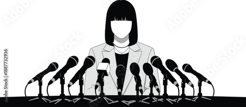Female politician press conference silhouette, woman leader speaking at podium microphones, media journalism public statement concept, politics communication illustration