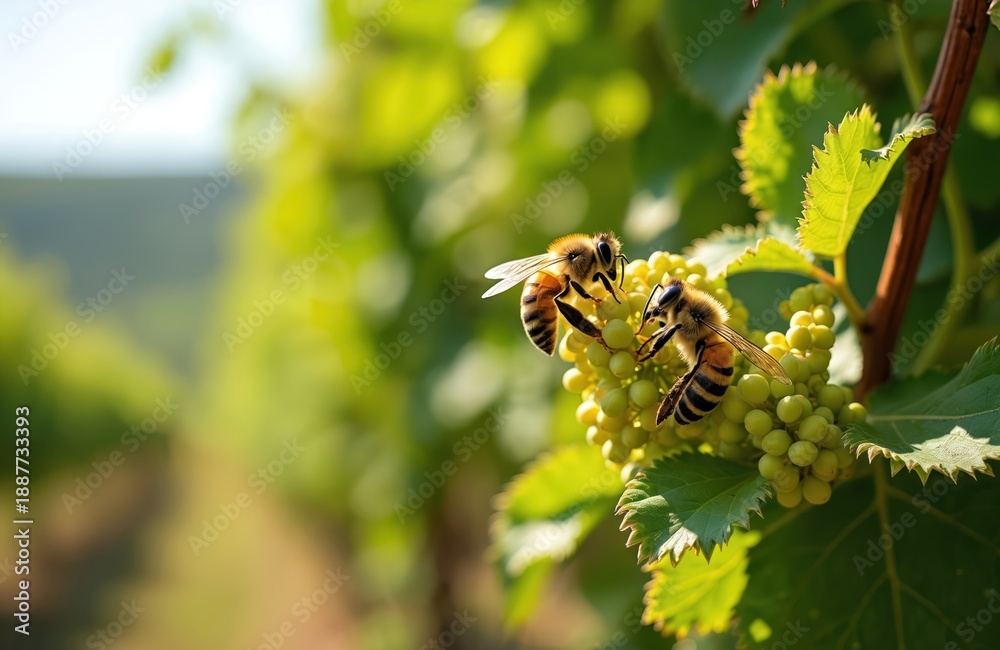 Naklejka premium Two honey bees busy pollinating green grape vine blossoms. Insects collect nectar from tiny flowers on plant branch. Nature scene with bees in vineyard during springtime.