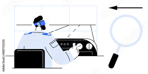 Flight navigation. A pilot operates a control panel with navigation instruments, flight navigation, exploration, and control. Flight navigation for aviation, technology, exploration, training data