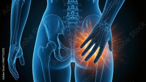 3D anatomy of a woman showing hip pain and inflammation. Medical visualization