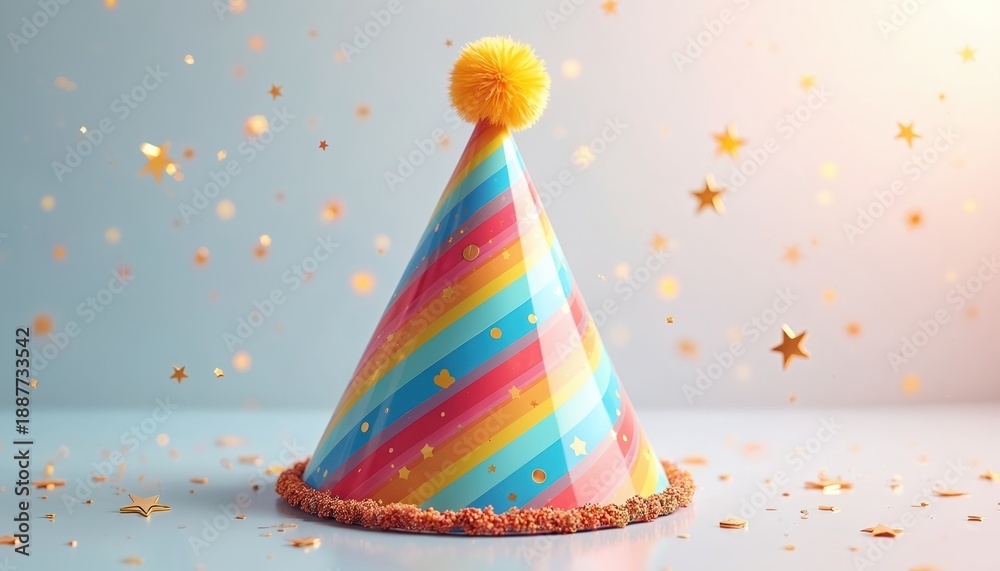 Naklejka premium Bright party hat with rainbow stripes, gold dots, and pompom top rests on surface. Star confetti floats around. Festive headwear awaits celebration.