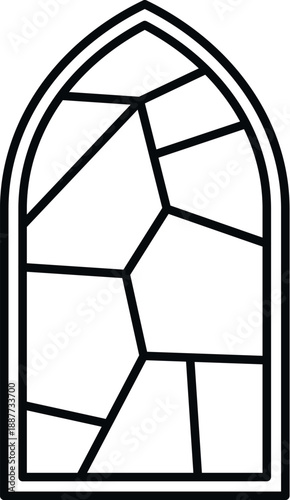 Arched gothic window displaying a mosaic pattern, representing religion and historical architecture