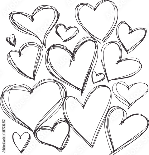 A collection of hand drawn sketchy hearts in various sizes and orientations doodle