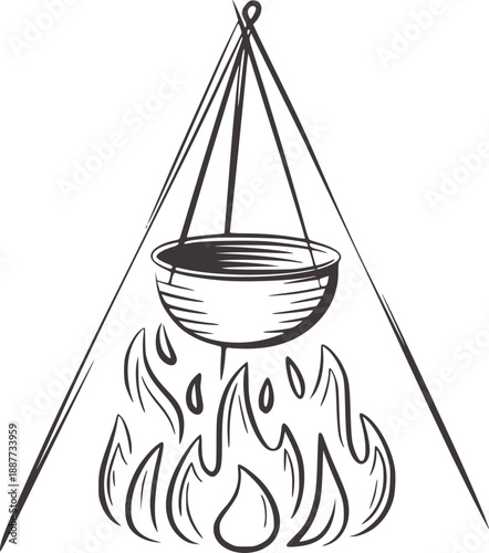Black and of a campfire cooking pot suspended over flames cauldron