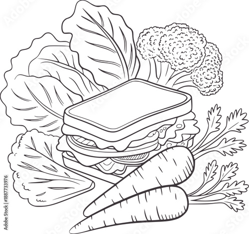 Black and of a stacked sandwich with lettuce broccoli and carrots food