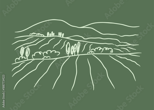Rural landscape. Panoramic harvest fields in sketch style. Hand drawn line art Illustration. Green grass field. Vineyard on small hills. Abstract Meadow, countryside pastures, nature. Isolated vector