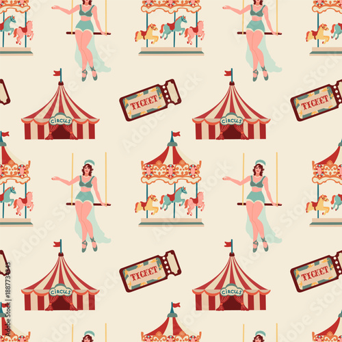 A nostalgic seamless pattern with vintage carnival icons. Features a striped circus tent, a detailed carousel horse, a graceful gymnast, and an admission ticket in a flat retro style. Perfect for fest