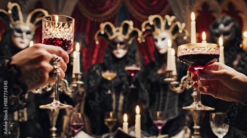 People in venetian masks toasting with red wine