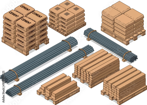 Construction Materials Isometric Illustration Cement, Rebar, Wood