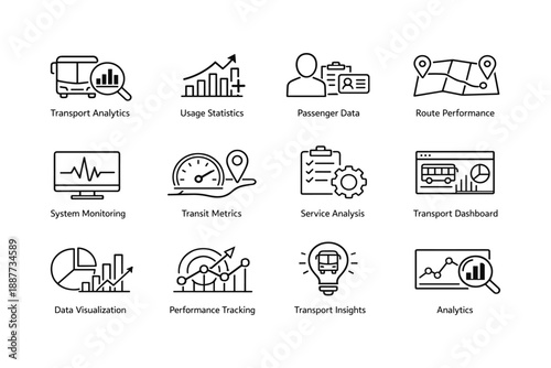 Transport analytics icons for data visualization and performance tracking