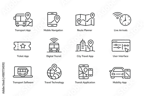 Icons for transport and travel technology apps and services