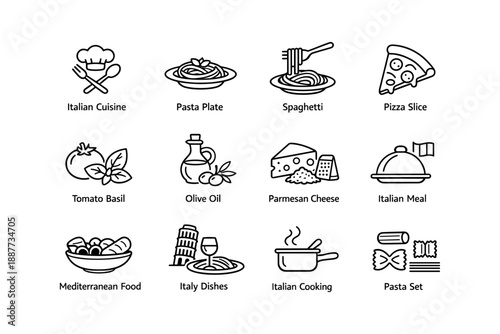 Italian cuisine icons: pasta, pizza, cooking ingredients, mediterranean dishes