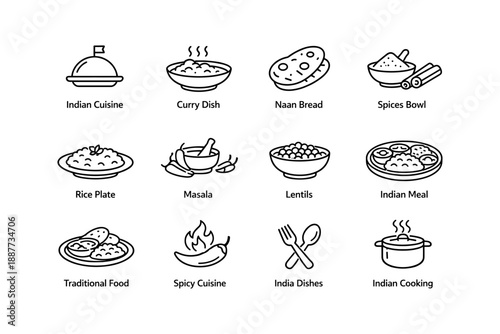 Black and white icons of indian cuisine naan and spices with dishes and cooking utensils