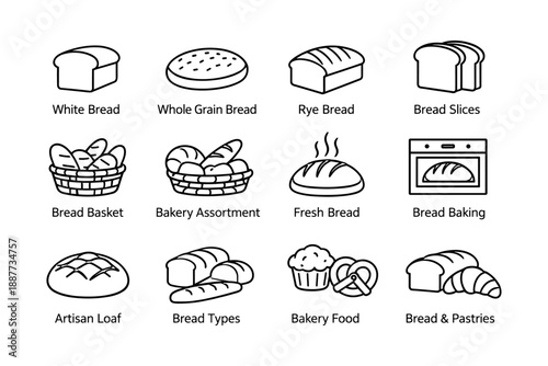 Assorted bread icons: white, whole grain, rye, slices, basket, baked goods