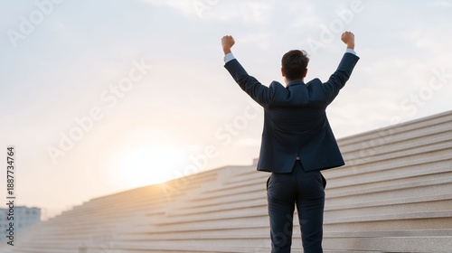 Wallpaper Mural A man in a suit is standing on a set of stairs, looking up at the sky Torontodigital.ca