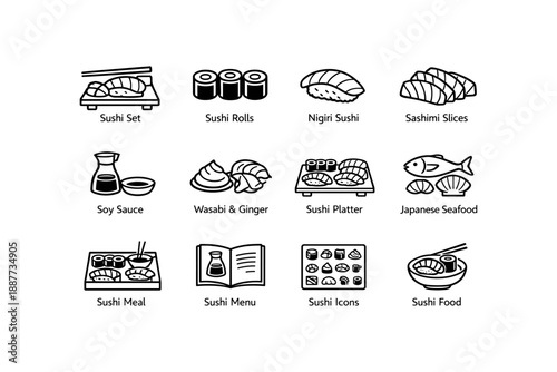 Icons of japanese cuisine: sushi set, nigiri, sashimi, and seafood symbols