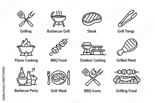 Barbecue icons: grill, bbq food, outdoor cooking, and grilled meat tools illustrated