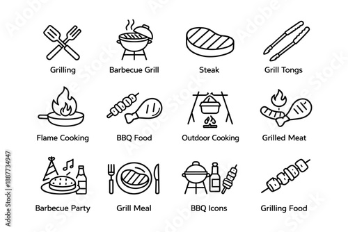 Set of barbecue grill icons featuring cooking tools and food items