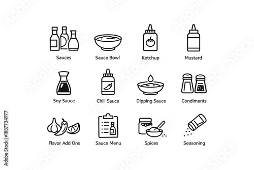 Sauce icons: ketchup, mustard, soy, chili, spices, seasoning, condiments