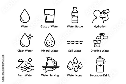 Water icon set: hydration, bottle, glass, fresh, mineral