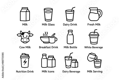 Variety of milk drink icons featuring different containers and dairy concepts