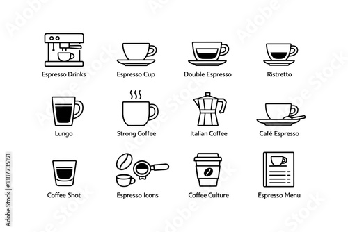 Coffee icons set featuring espresso drinks, cups, and coffee culture elements
