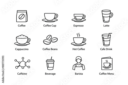 Coffee icon set: espresso, latte, cappuccino, beans, barista, menu