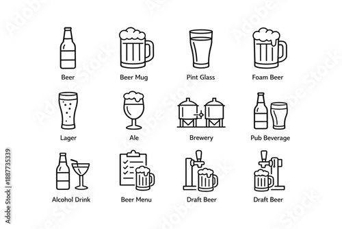 Beer icons set: mug, pint glass, lager, ale, brewery, pub beverage symbols