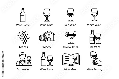 Wine icons and symbols: bottle, glass, grapes, winery, sommelier