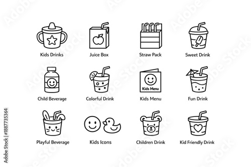 Child-friendly drink icons featuring kids menu and fun beverages