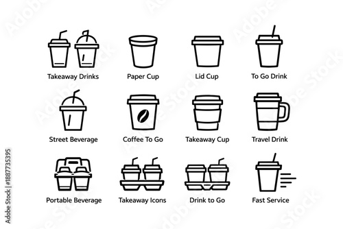 Takeaway drink icons: coffee, tea, cups, fast service, portable beverages